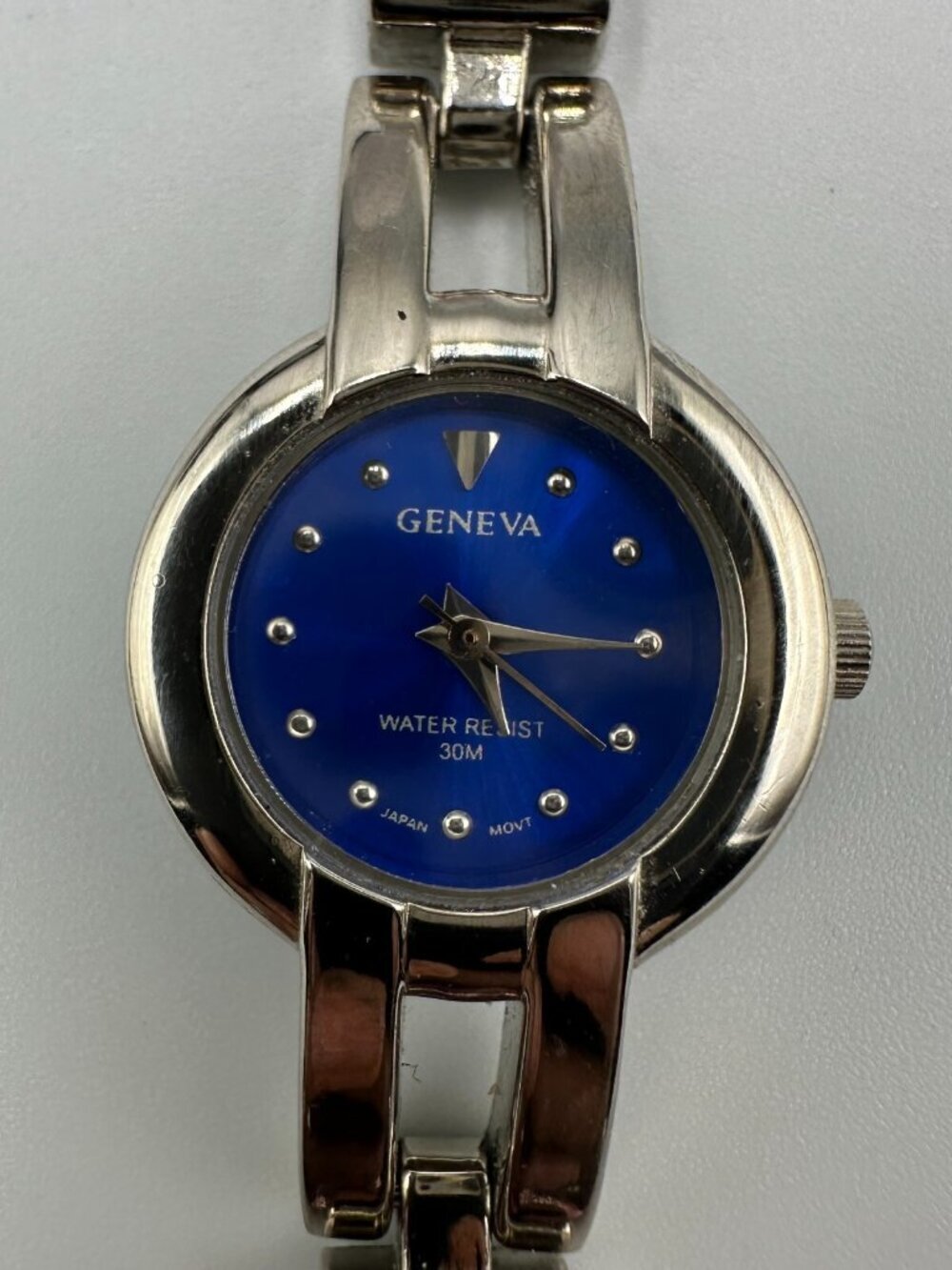 3/$30 Geneva Watch Women Silver Tone Small Blue Dial 22MM New Battery 6.25 Inch